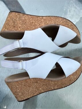 Clarks Collection White Leather Cork Wedge Slingback Sandals - Women